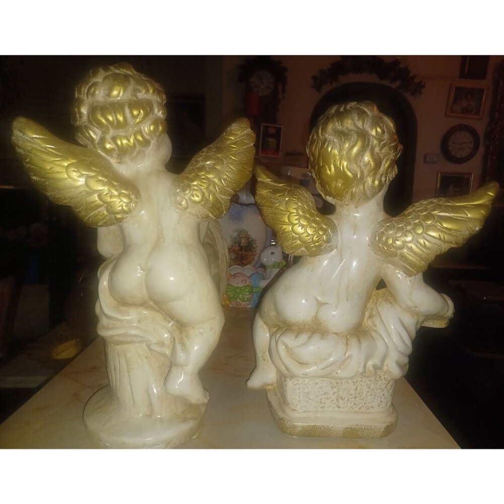Ceramic Angels Pair White Glazed Antiqued Gold Wings - Picture 2 of 11